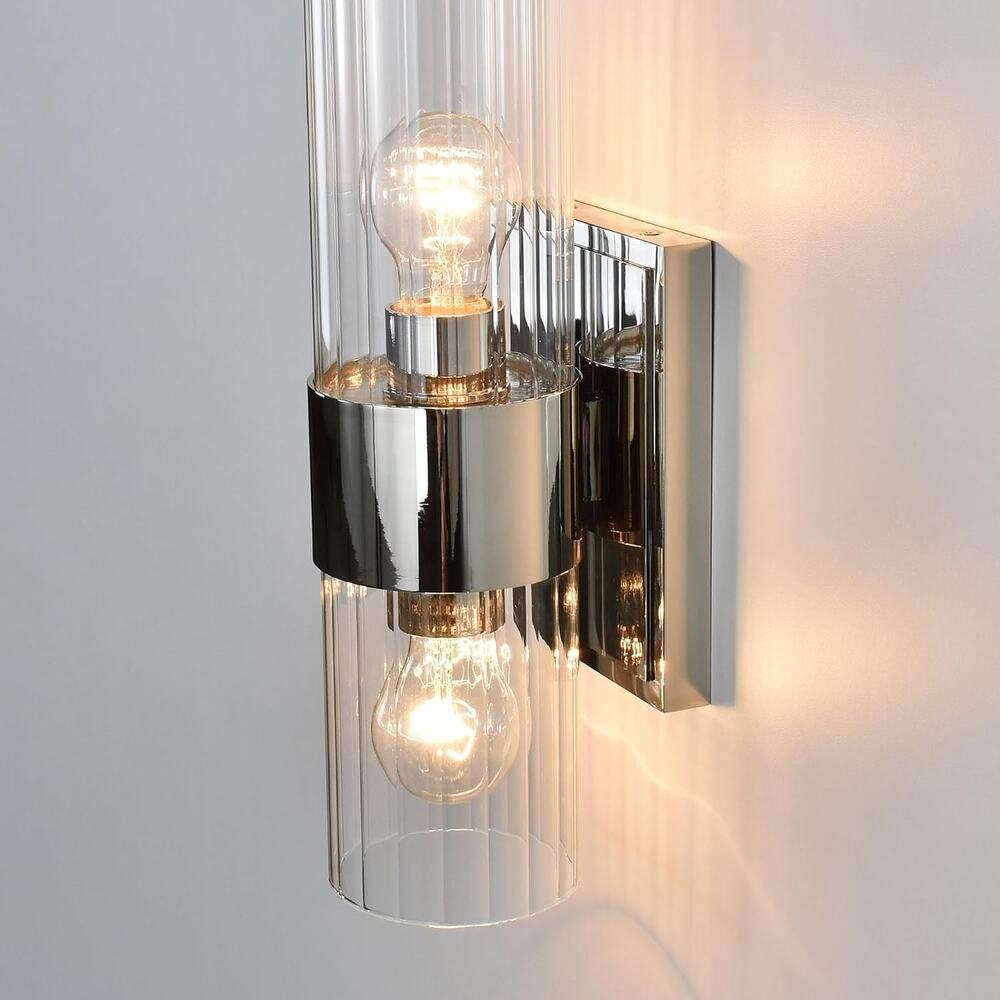 2-Light Polished Nickel Bathroom Vanity Light Clear Ribbed Glass Sconce - Picture 6 of 8